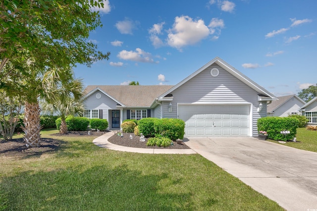 ranch-style house with a garage, concrete driveway, and a front lawn