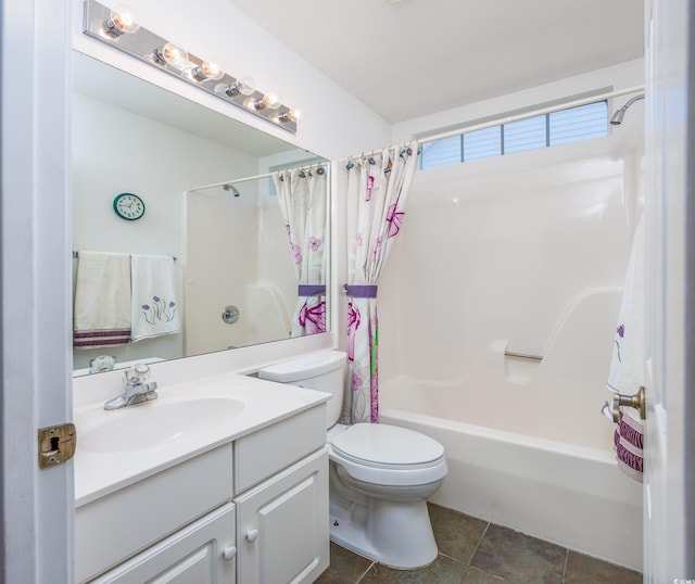 bathroom featuring toilet, shower / bathtub combination with curtain, vanity, and tile patterned floors
