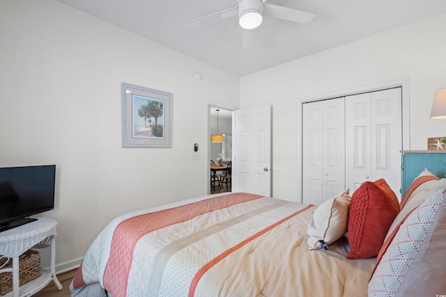 1058 Sea Mountain Hwy Unit 9-101, North Myrtle Beach, SC 29582 - bedroom featuring a closet, a ceiling fan, and wood finished floors