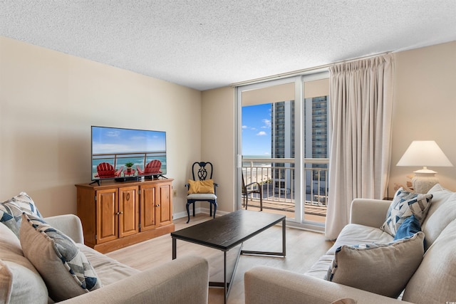 9820 Queensway Blvd Unit 804, Myrtle Beach, SC 29572 - living area with light wood-type flooring, expansive windows, and a textured ceiling