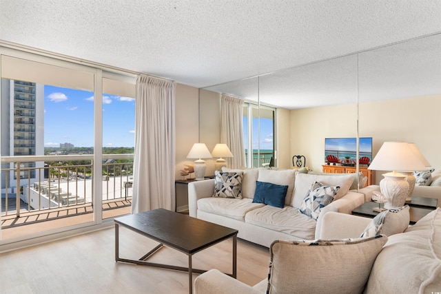 9820 Queensway Blvd Unit 804, Myrtle Beach, SC 29572 - living area featuring wood finished floors, expansive windows, and a textured ceiling