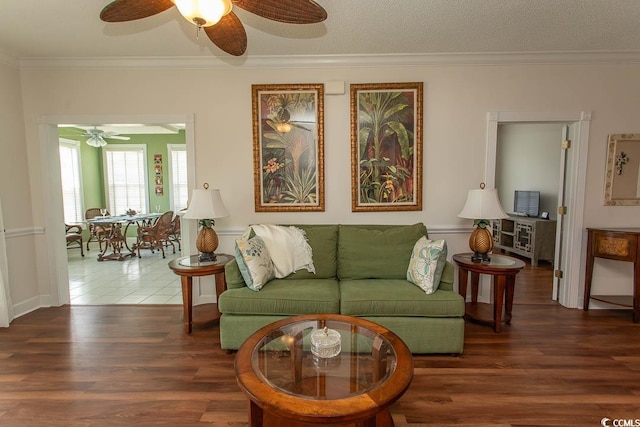 2241 Waterview Dr Unit 315, North Myrtle Beach, SC 29582 - living area featuring a ceiling fan, wood finished floors, and crown molding