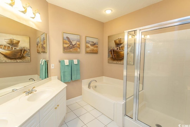 2241 Waterview Dr Unit 315, North Myrtle Beach, SC 29582 - bathroom featuring tile patterned flooring, a bath, a shower stall, double vanity, and baseboards