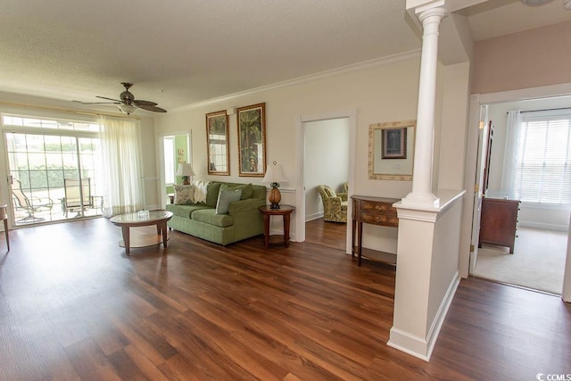 2241 Waterview Dr Unit 315, North Myrtle Beach, SC 29582 - living room with decorative columns, crown molding, dark wood-type flooring, and healthy amount of natural light