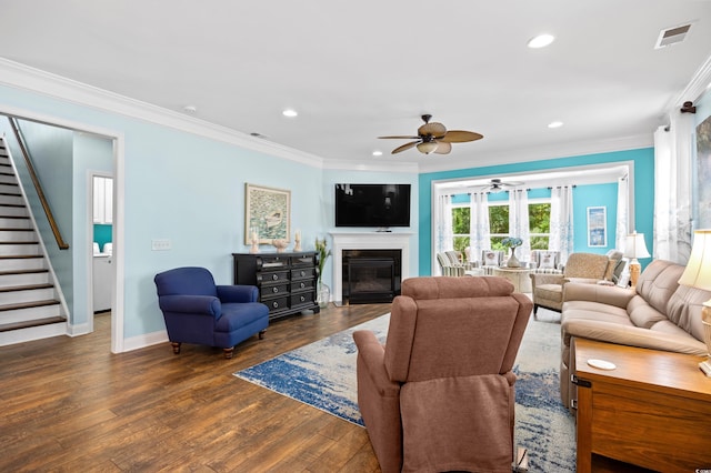 1290 Prescott Cir, Myrtle Beach, SC 29577 - living room featuring a ceiling fan, stairway, ornamental molding, wood finished floors, and baseboards