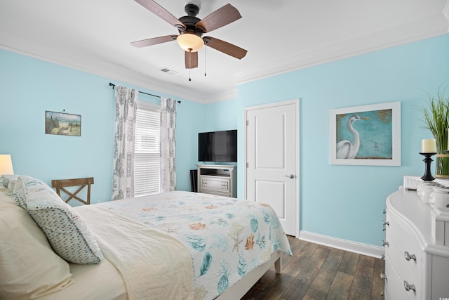 1290 Prescott Cir, Myrtle Beach, SC 29577 - bedroom featuring baseboards, dark wood-style floors, crown molding, and a ceiling fan