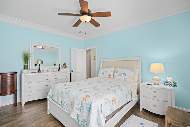 1290 Prescott Cir, Myrtle Beach, SC 29577 - bedroom featuring crown molding, dark wood-type flooring, a ceiling fan, and baseboards