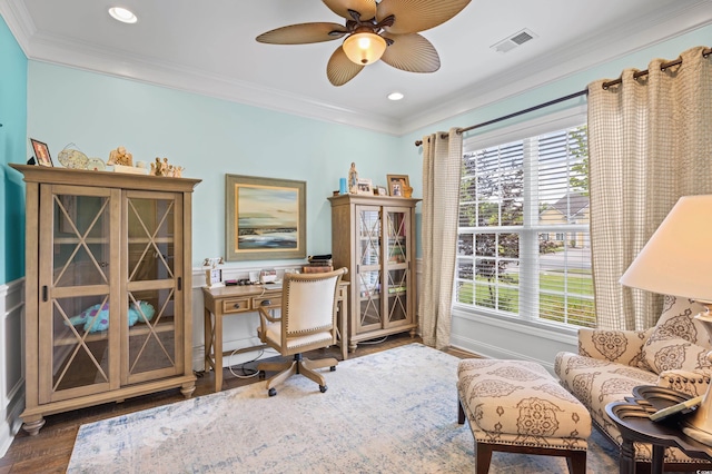 1290 Prescott Cir, Myrtle Beach, SC 29577 - office space featuring ornamental molding, wood finished floors, ceiling fan, and recessed lighting