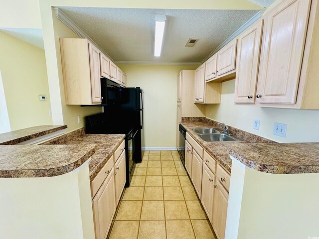 3761 Citation Way Unit 531, Myrtle Beach, SC 29577 - kitchen featuring black appliances, a sink, ornamental molding, light tile patterned flooring, and a textured ceiling