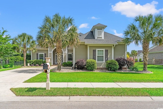 view of front of home with a front lawn, driveway, and a shingled roof