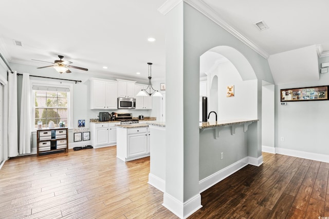kitchen featuring stainless steel appliances, crown molding, a ceiling fan, light wood-type flooring, and light stone counters