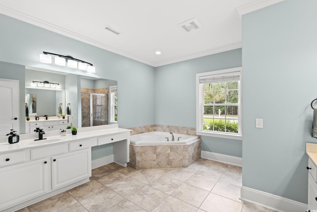bathroom featuring a stall shower, a bath, vanity, crown molding, and baseboards