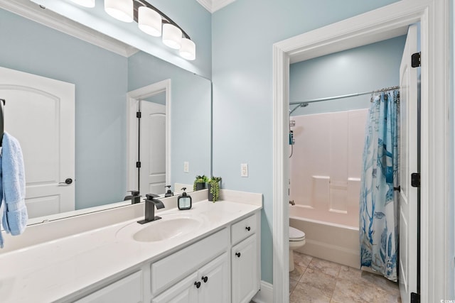 full bath with vanity, toilet, shower / bath combination with curtain, and crown molding