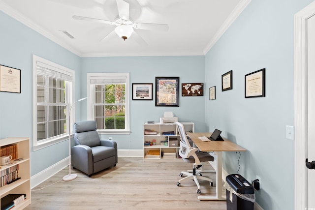office featuring wood finished floors, ceiling fan, ornamental molding, and baseboards