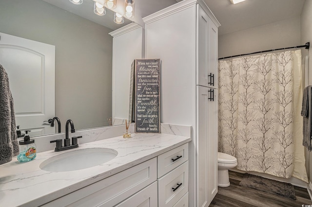 full bathroom featuring toilet, vanity, wood finished floors, and curtained shower