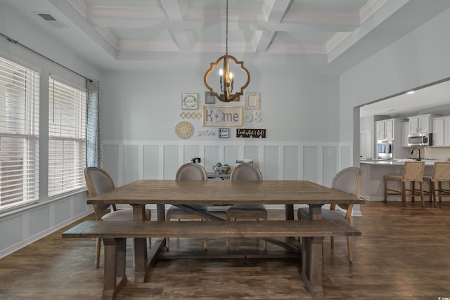3620 Diamond Stars Way, Little River, SC 29566 - dining space with a chandelier, beamed ceiling, coffered ceiling, a decorative wall, and dark wood-style floors