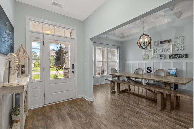 3620 Diamond Stars Way, Little River, SC 29566 - foyer entrance featuring a chandelier, dark wood-style floors, coffered ceiling, beam ceiling, and baseboards