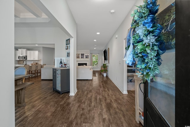 3620 Diamond Stars Way, Little River, SC 29566 - entrance foyer featuring a fireplace, dark wood-type flooring, and recessed lighting