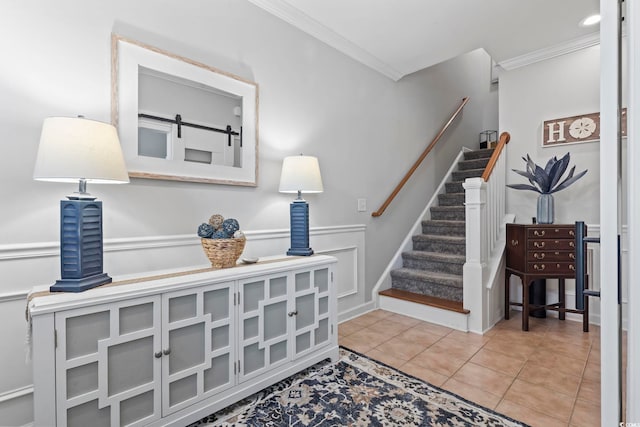 815 Murray Ave, Myrtle Beach, SC 29577 - staircase with ornamental molding and tile patterned flooring