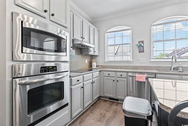 815 Murray Ave, Myrtle Beach, SC 29577 - kitchen with appliances with stainless steel finishes, a sink, under cabinet range hood, crown molding, and wood finished floors
