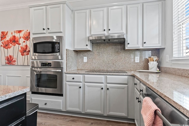 815 Murray Ave, Myrtle Beach, SC 29577 - kitchen with stainless steel appliances, under cabinet range hood, decorative backsplash, and light stone countertops