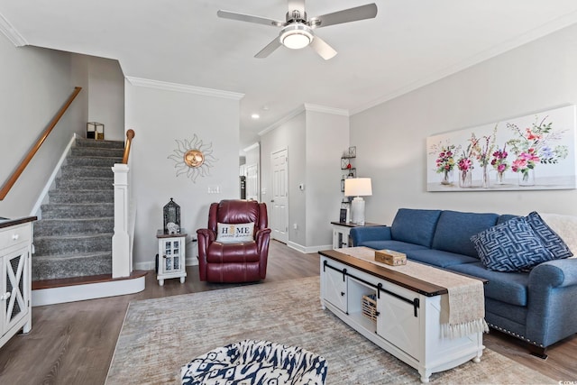 815 Murray Ave, Myrtle Beach, SC 29577 - living room featuring wood finished floors, crown molding, a ceiling fan, stairs, and baseboards