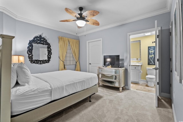 100 N Beach Blvd Unit 515, North Myrtle Beach, SC 29582 - bedroom with ornamental molding, light carpet, connected bathroom, and a ceiling fan