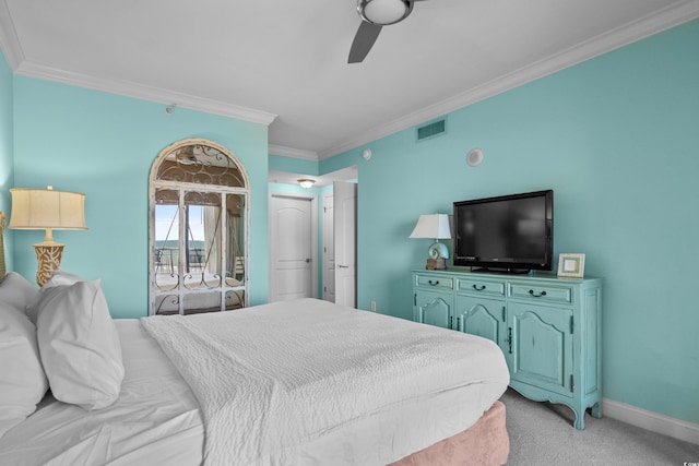 100 N Beach Blvd Unit 515, North Myrtle Beach, SC 29582 - bedroom with light carpet, ornamental molding, access to outside, and a ceiling fan