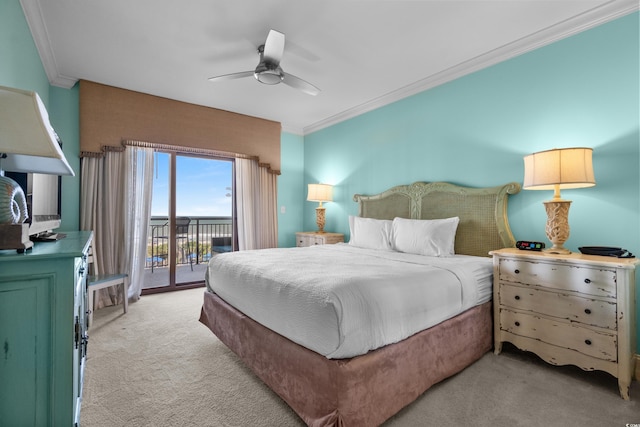100 N Beach Blvd Unit 515, North Myrtle Beach, SC 29582 - bedroom with light carpet, access to outside, ornamental molding, and ceiling fan