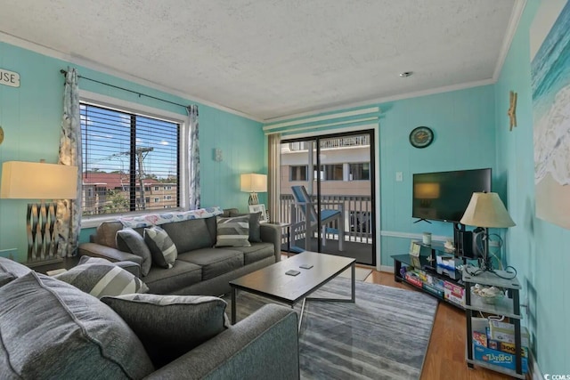 613 S Ocean Blvd Unit N3, North Myrtle Beach, SC 29582 - living area featuring wood finished floors, a textured ceiling, and ornamental molding