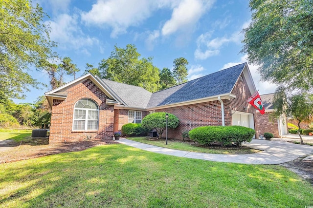 3071 Alice Ln, Little River, SC 29566 - ranch-style house featuring brick siding, a garage, a front yard, cooling unit, and roof with shingles