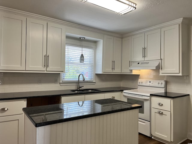 505 1st Ave S, North Myrtle Beach, SC 29582 - kitchen featuring white range with electric stovetop, under cabinet range hood, a sink, and decorative backsplash