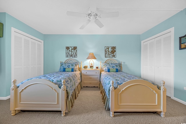 bedroom featuring light colored carpet, baseboards, and ceiling fan