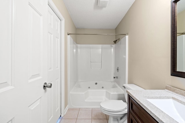 full bathroom with a textured ceiling, tile patterned floors, vanity, toilet, and shower / tub combination