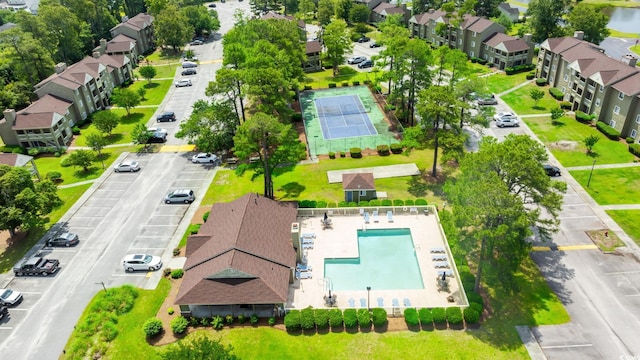 drone / aerial view of a pool