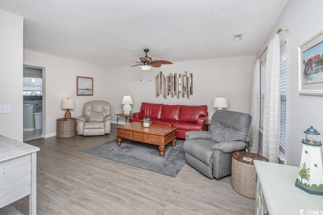 404 1st Ave N Unit H, North Myrtle Beach, SC 29582 - living room featuring light wood-type flooring, a textured ceiling, ceiling fan, and healthy amount of natural light