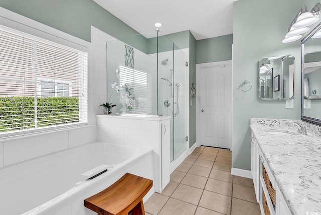 67 Camden Cir, Pawleys Island, SC 29585 - full bath with tile patterned flooring, a stall shower, a bath, and vanity