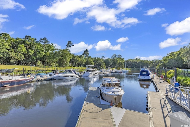 dock area featuring a water view and view of wooded area