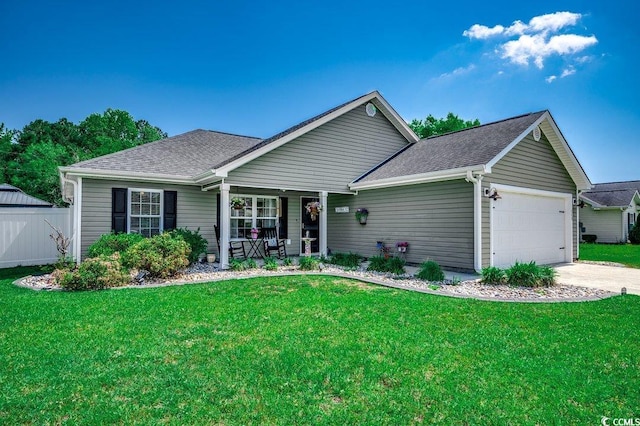 ranch-style home featuring a porch, an attached garage, driveway, and a shingled roof