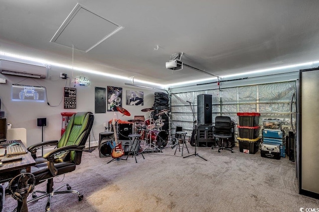 garage with a garage door opener and an AC wall unit