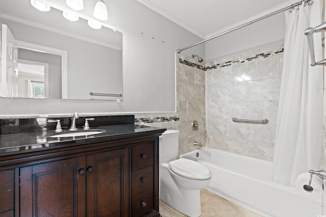 full bathroom featuring crown molding, toilet, shower / bath combination with curtain, vanity, and tile patterned flooring