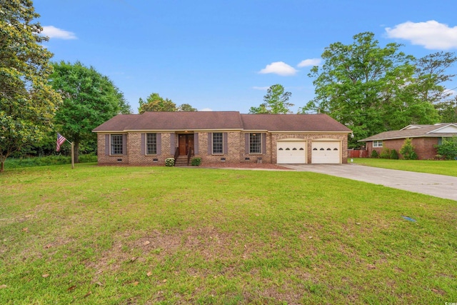 single story home with an attached garage, driveway, brick siding, and a front yard