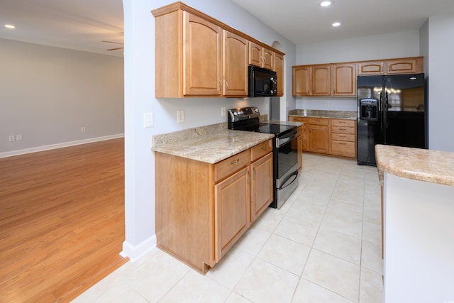 249 Ashepoo Creek Dr, Myrtle Beach, SC 29579 - kitchen featuring black appliances, recessed lighting, baseboards, ceiling fan, and light wood finished floors
