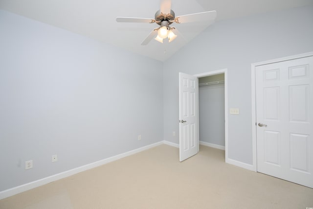 249 Ashepoo Creek Dr, Myrtle Beach, SC 29579 - unfurnished bedroom with light colored carpet, vaulted ceiling, baseboards, a ceiling fan, and a closet