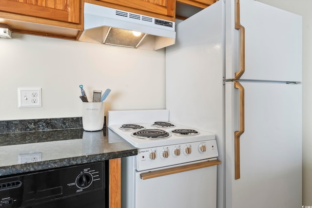 5523 N Ocean Blvd Unit 1903, Myrtle Beach, SC 29577 - kitchen with under cabinet range hood, white appliances, dark stone countertops, and brown cabinetry