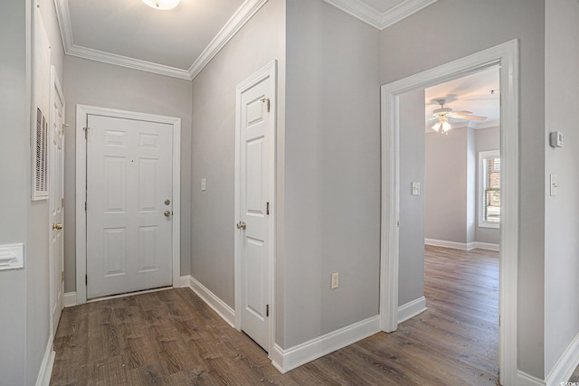 2029 Silvercrest Dr Unit 22B, Myrtle Beach, SC 29579 - foyer entrance with dark wood-style floors, ornamental molding, baseboards, and a ceiling fan