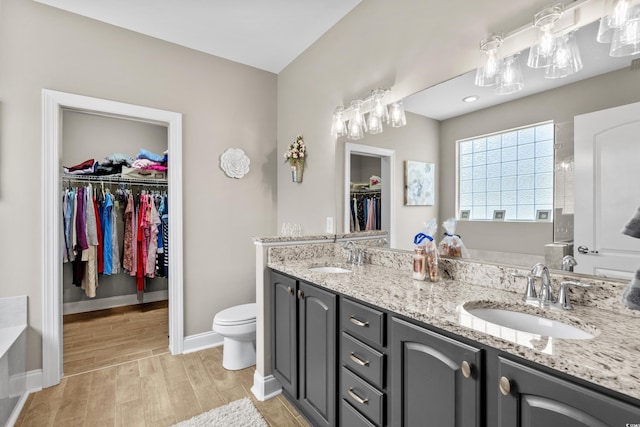 full bath with double vanity, baseboards, a spacious closet, wood finished floors, and toilet