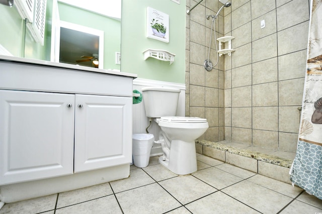 5905 S Kings Hwy Unit 116B, Myrtle Beach, SC 29575 - full bathroom with ceiling fan, a tile shower, tile patterned floors, toilet, and wainscoting