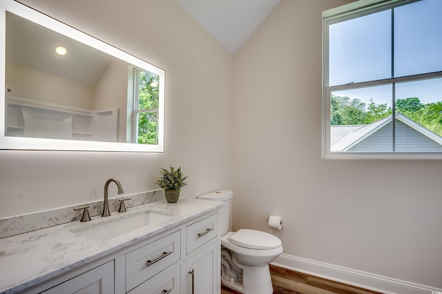 1673 Carriage Ln, Little River, SC 29566 - bathroom featuring lofted ceiling, toilet, vanity, wood finished floors, and baseboards