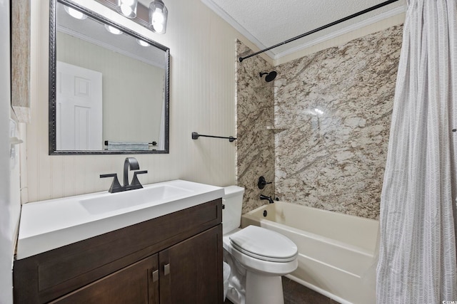 210 N Ocean Blvd Unit 333, North Myrtle Beach, SC 29582 - full bath featuring crown molding, shower / bathtub combination with curtain, vanity, and a textured ceiling